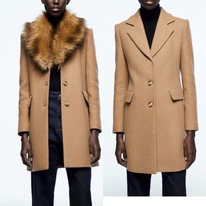 ZARA NEW WOMEN WOOL BLEND REMOVABLE FAUX FUR COLLAR COAT CAMEL 2179/289 S